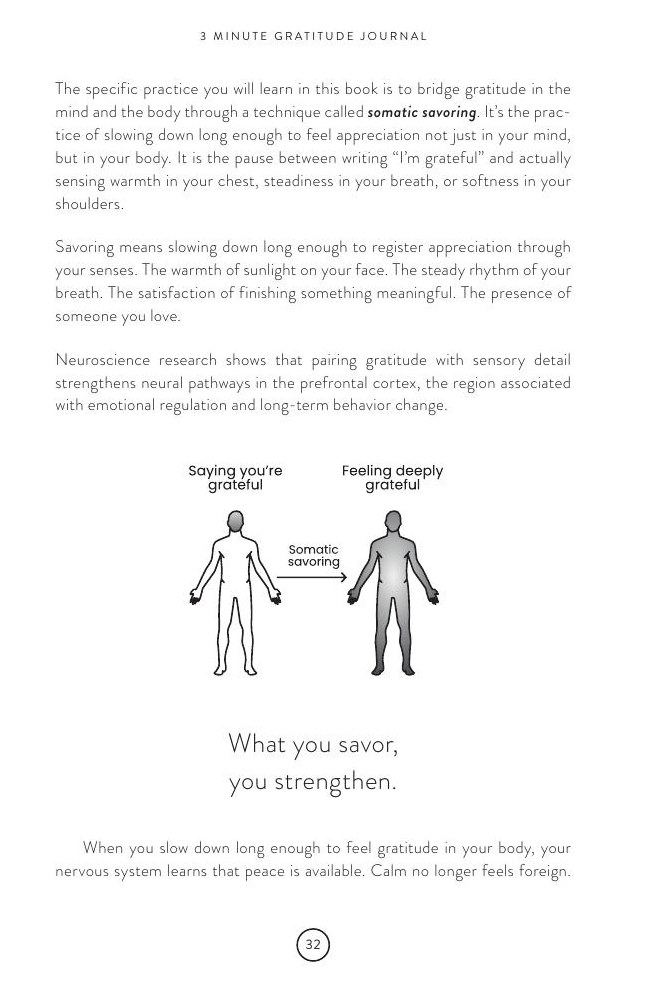 Somatic savoring · the missing link — page from the 3 Minute Gratitude Journal