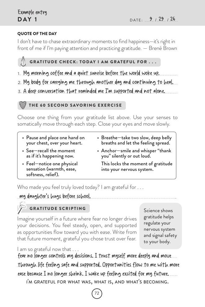 Example entry · Day 1 — page from the 3 Minute Gratitude Journal
