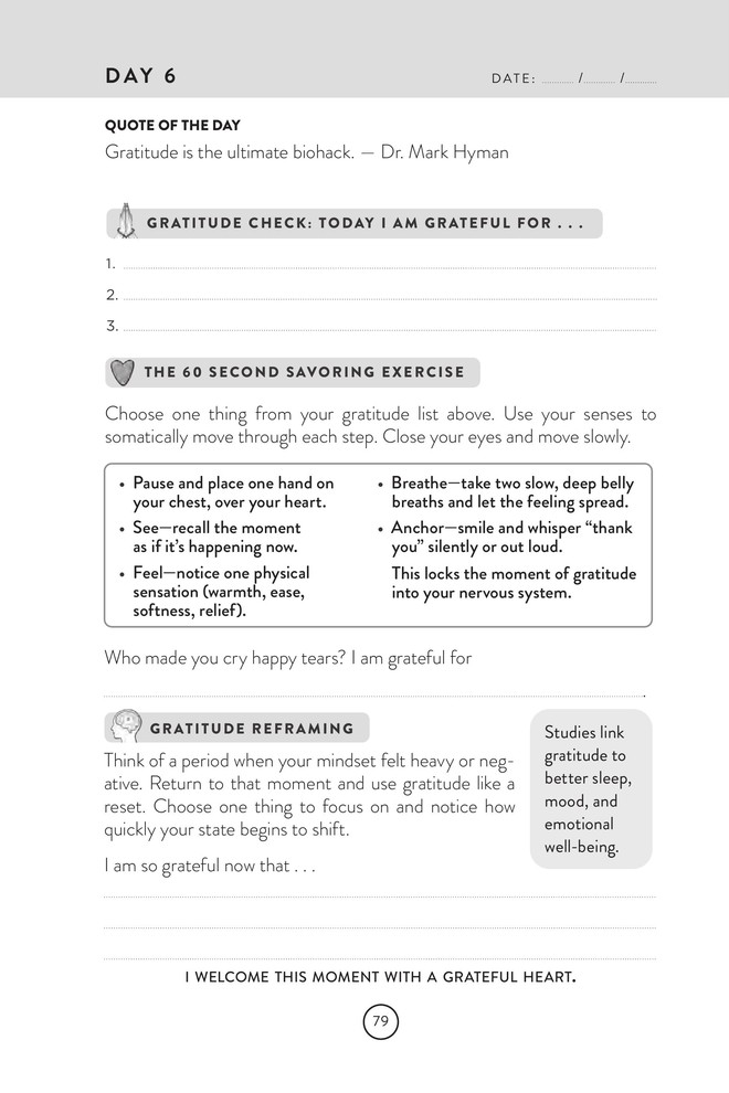 Your turn · Day 6 · gratitude reframing page from the 3 Minute Gratitude Journal