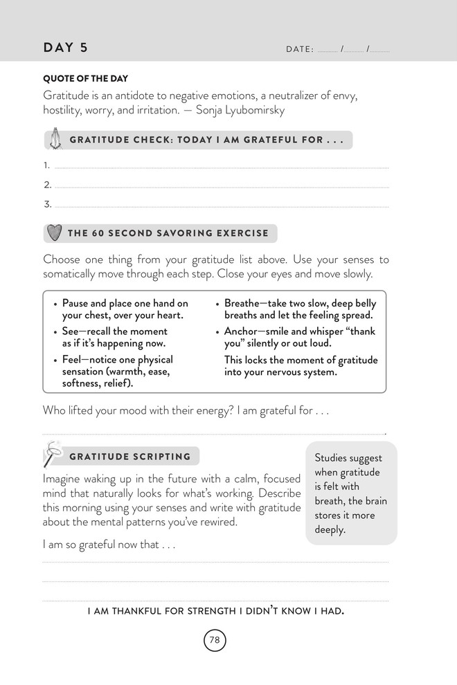 Your turn · Day 5 · gratitude scripting page from the 3 Minute Gratitude Journal